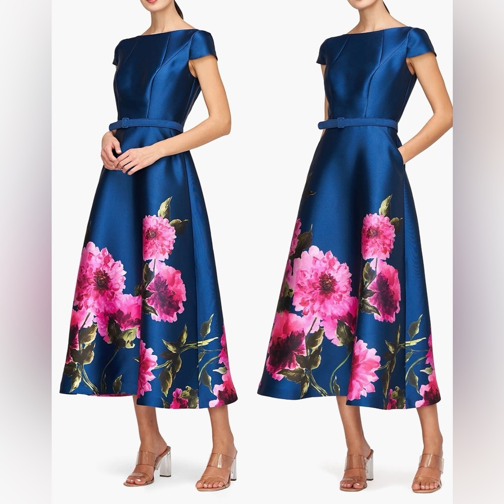 Kay Unger Ina Peony Mikado Cocktail Dress Navy Floral Midi - Picture 2 of 9